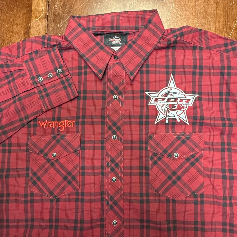 Wrangler PBR Western Shirt Mens 2XLT Red Plaid Pearl Snap Embroider Long Sleeve
